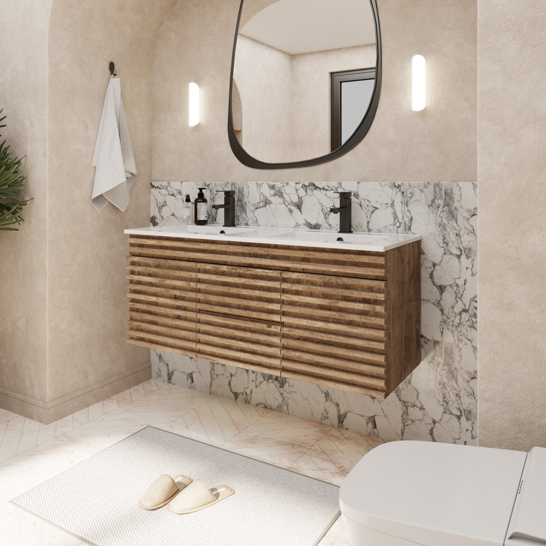 Sharee 48" Wall Mounted Double Sink Bathroom Vanity With Resin Top, Anti-shock, Water Saving Faucet, Pop Up Drain